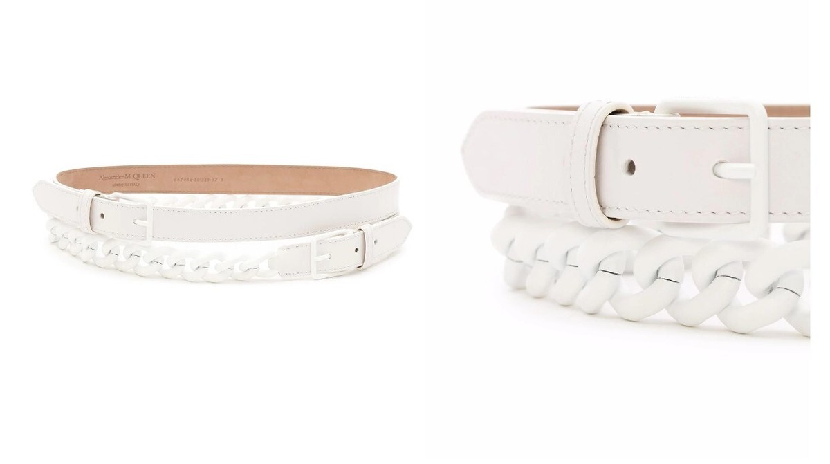 【送料&関税込】Alexander McQueen Long Belt. Alexander McQueen Women's White Leather Double-Chain Belt
