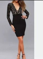 NWOT - Lulus SWOON-ER OR LATER Black Lace Vneck L/S Bodycon Dress Sz small