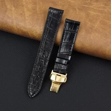 Black Flat Leather Watch Band Men Crocodile Watch Strap Deployment Clasp Buckle