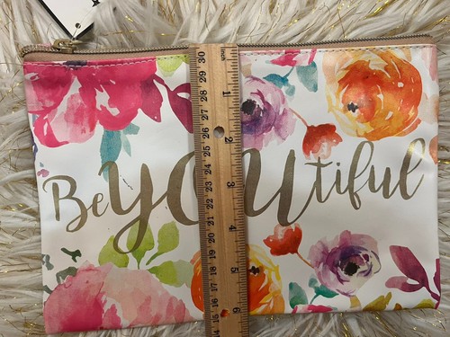 Macy's Be-YOU-tiful Watercolor Floral Gold Lettering Makeup Cosmetic Bag 9x6" - Picture 5 of 9