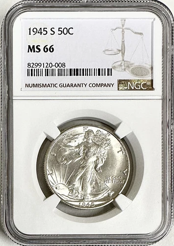 1945 S WALKING LIBERTY HALF DOLLAR NGC MS66 BRIGHT WHITE COIN