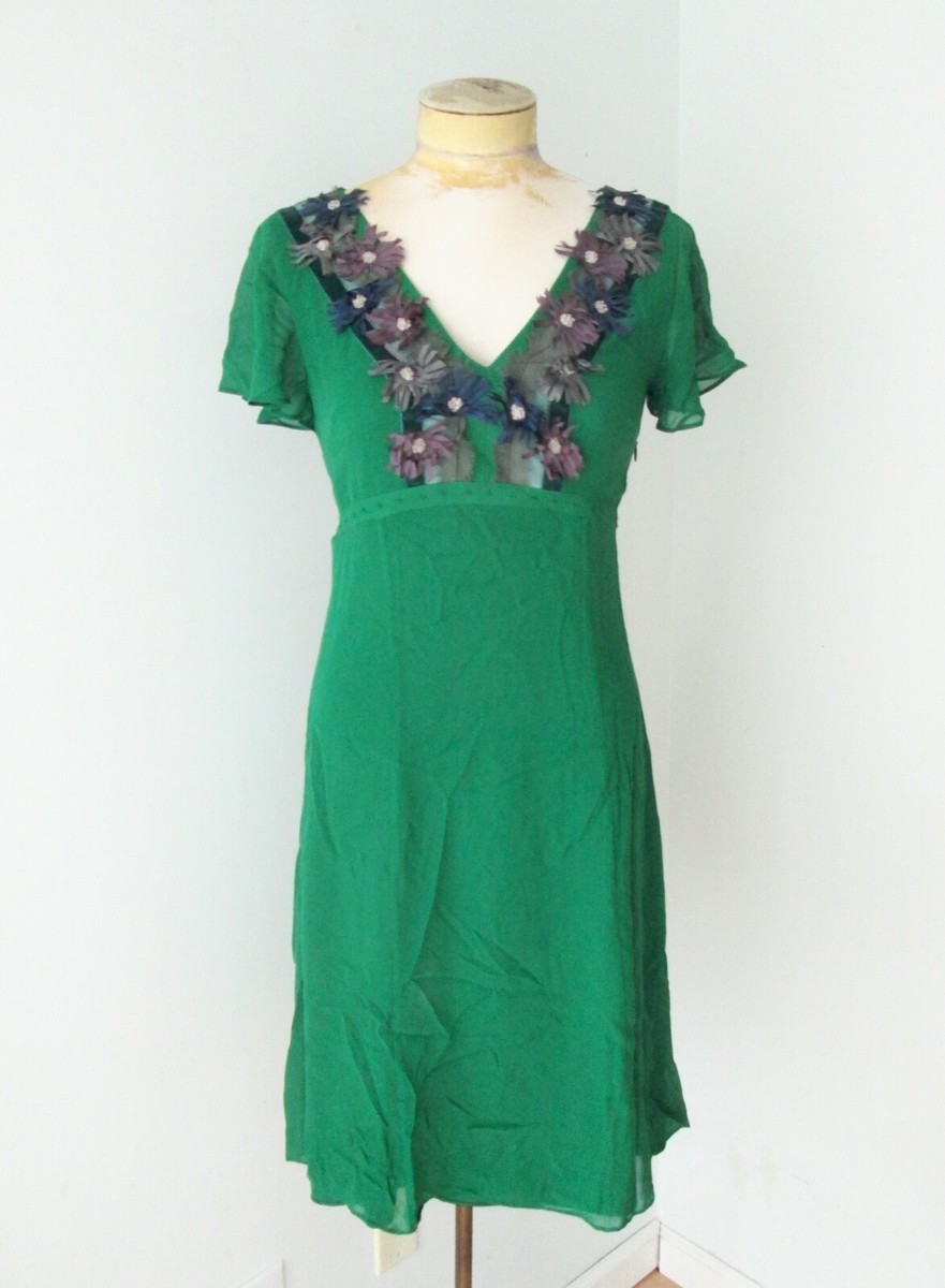 Boden Ltd Ed emerald green silk empire tie back dress shaggy flower trim US  4 | eBay