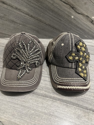 Lot Of 2 Olive & Pique Adjustable~Bling Rhinestone Embellished Caps (Wgn2) Read
