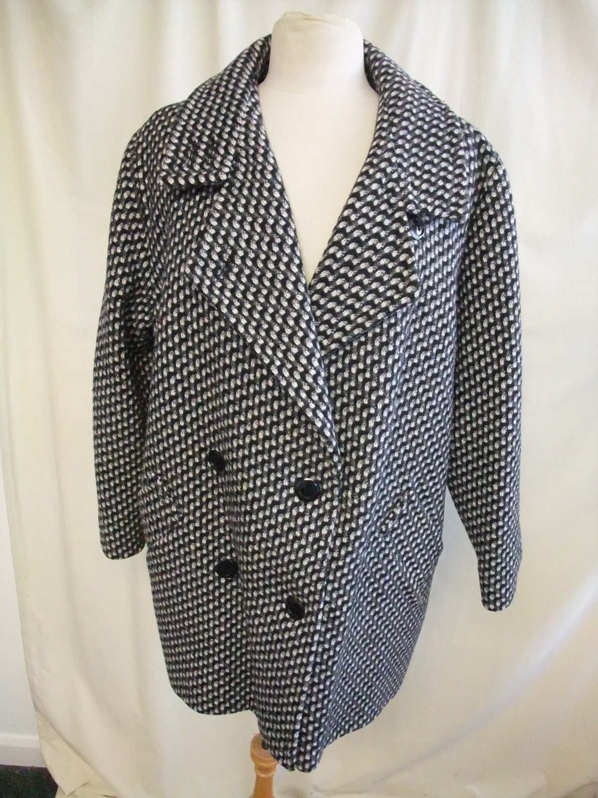 ALTRA Cappotto donna UK 14 nero grigio bianco 60% lana adatto a busto 36"" & fianchi 38" 1109