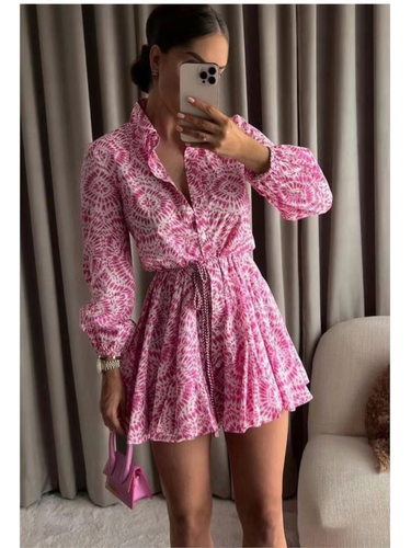 Fashion Women Pleated Dress Party Floral Drawstring Dress Long Sleeve Summer - Picture 5 of 18