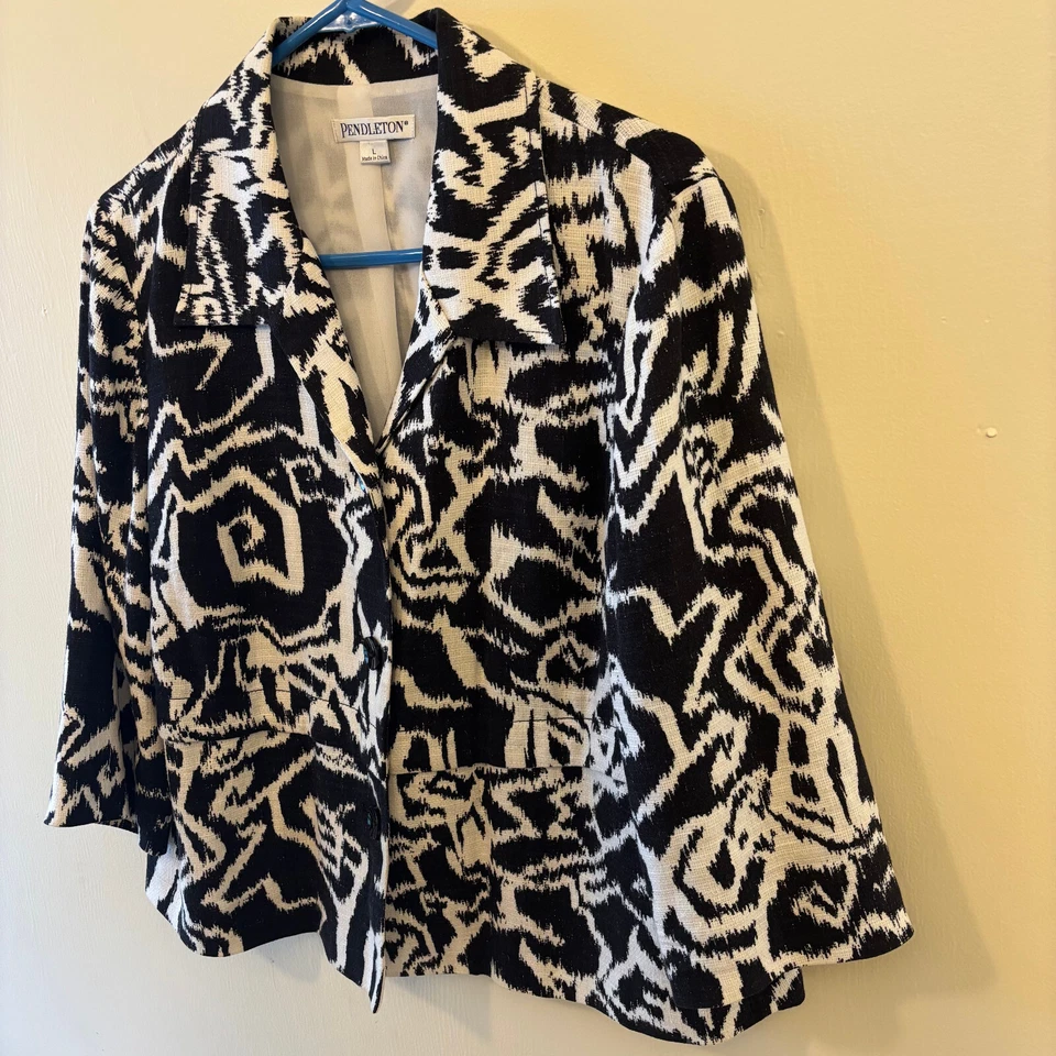Blazer Pendleton Mujer Talla Grande 3 Botones Blanco y Negro Estampado Geométrico Divertido Foto 4 de 4