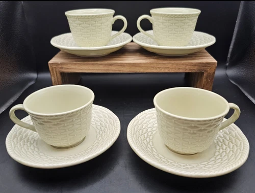 ☕️Vtg  8pc Set Country Manor by Mikasa Cups &Saucers Basketweave Embossed FF004.