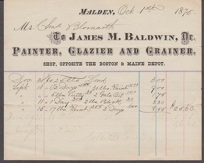 James M Baldwin Painter Glazier Grainer Malden MA invoice 1875