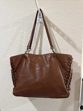 American Leather Co. Lenox Glove Triple Entry  Braded Leather Tote Cognac Brown
