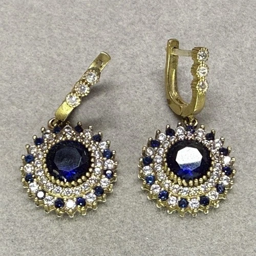 VINTAGE lab created Blue Sapphire Halo bronze and Sterling Silver 925 Earrings