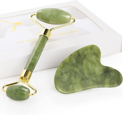 Jade Roller Set,GeeRic Gua Sha und Gesichtsroller Tool,natürlicher Grüner Jade R