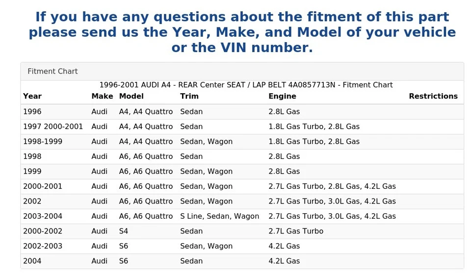 AUDI A4 1996-2001 - ASIENTO CENTRAL TRASERO / CINTURÓN DE REGAZO 4A0857713N Foto 3 de 3