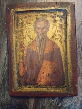 Antike Ikone Heiligen-Bildnis. Lang- und Graubärtiger Geistlicher