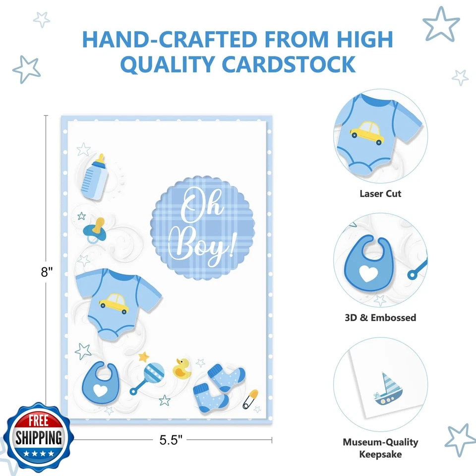 D24TIME 3D Nueva Tarjeta Bebé Niño - Tarjeta Azul Baby Shower para Niño Bienvenido Recién Nacidos Foto 3 de 4