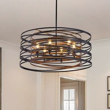 24" Farmhouse Pendant Light Drum Chandelier Rustic Wood Ceiling Hanging Fixtures