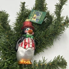 Merck Family Old World Christmas Glitter Penguin Red Top Hat Ornament 2006 4.5"