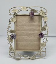 Vtg Metal Photo Picture Frame Pink Flowers  Vines 5x7" Photo Size Cottage Core