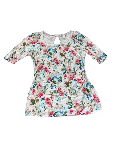 black house white market tops L Floral tunic blouse Wht pink blue 1/2 sleeves