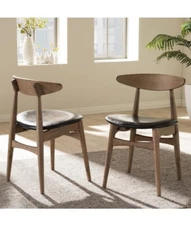 2 Pack Baxton Studio Edna Mid Century Black Faux Leather & Oak Light Brown Chair