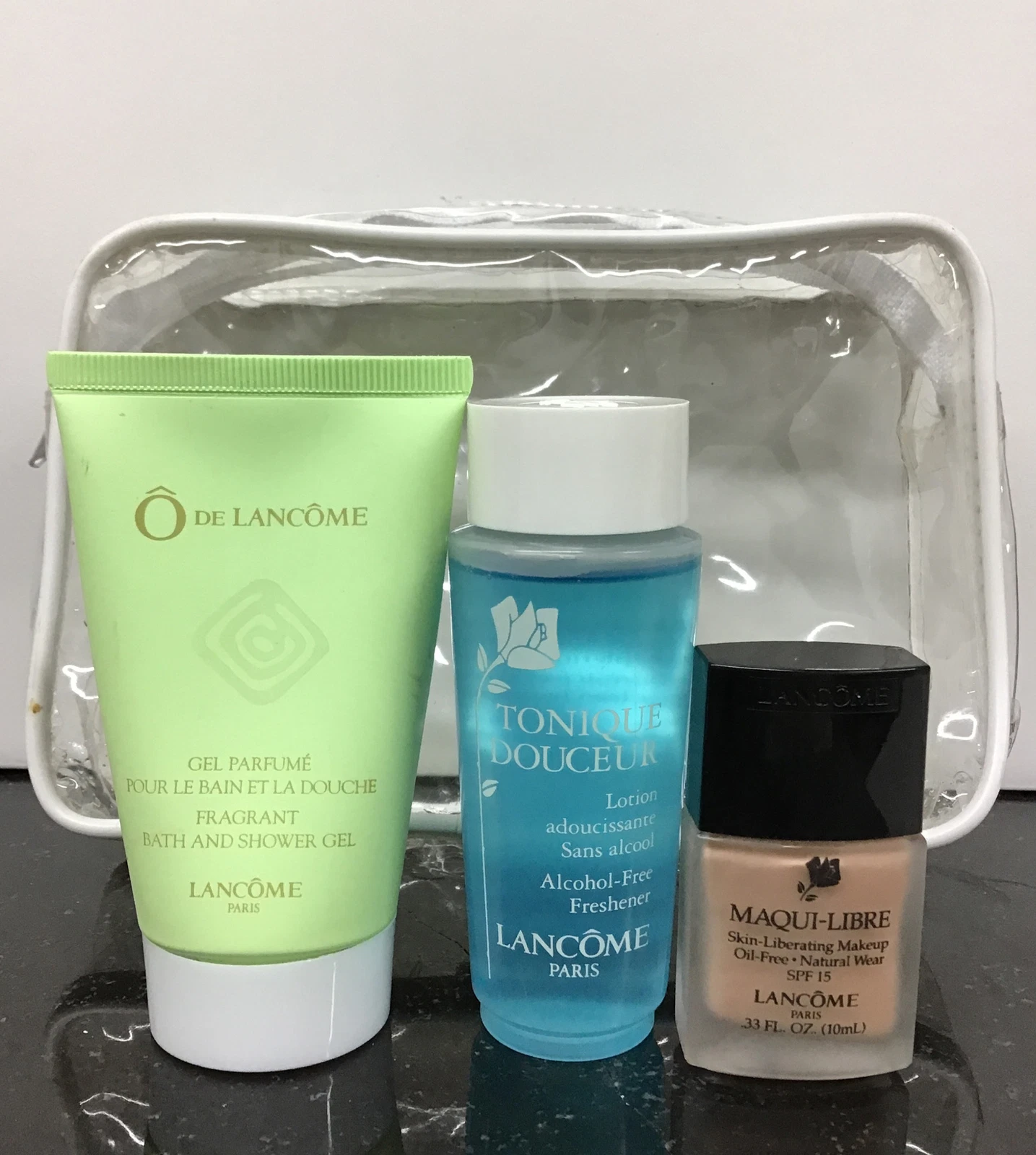 Lancome Travel set, bath & shower gel, tonique, maqui-lire SPF 15 beige bisque.