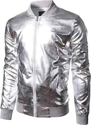 Herren Shinny Metallic Echtleder Silber Jacke Klassisch Bomber Moto Biker Jacke