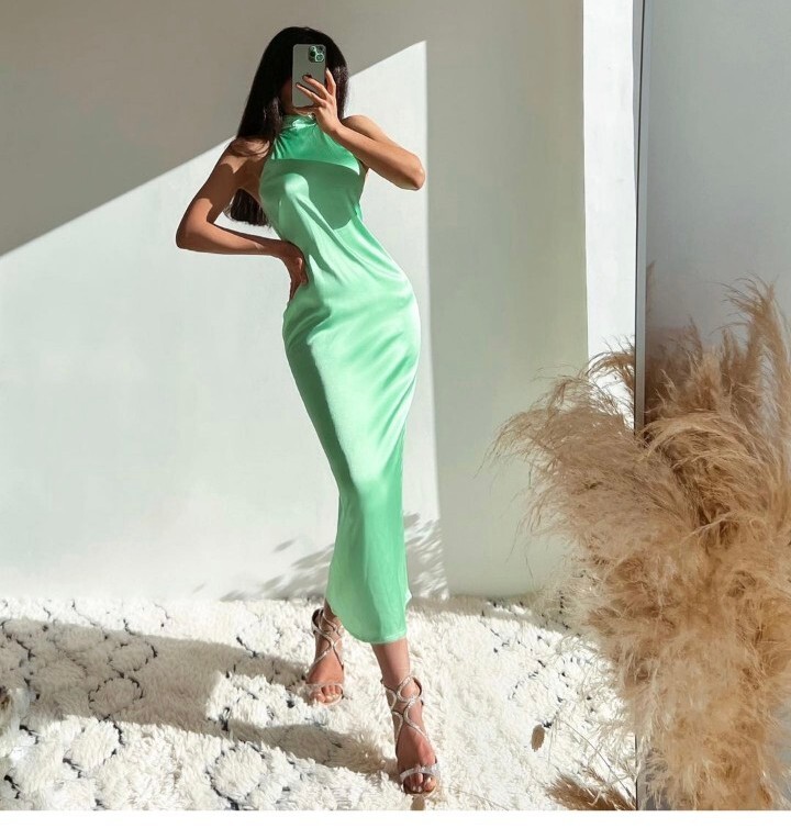 Zara Glossy Halter Neck Midi Maxi Dress BNWT Size S Light Green | eBay