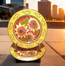 Pier 1 Sunflower Salad Plates Pair of Rustic  Hand Painted Terra Cotta 8.25"W