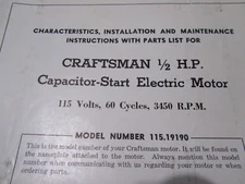 Installation Maintenance Manual W/Parts Vintage Craftsman 1/2HP Motor 115.19190