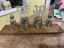 MCM Glass Gold Salt  Pepper Shakers,Oil /Vinegar Cruets w/Stoppers And Holder
