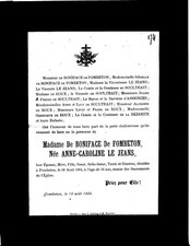 Death notice Mrs. de BONIFACE de FOMBETON born Anne-Caroline LE JEANS Valernes