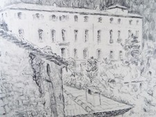 Original Pencil drawing/conte, 'French Commune', 1990's , Dorothy Litherland