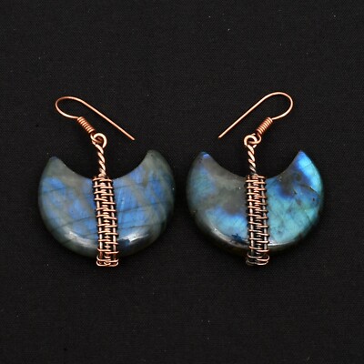 Natural Labradorite Gemstone Copper Wire Wrapped Drop Dangle Earrings For Gift