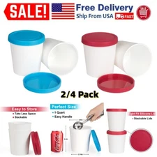 2/4Pack Ice Cream Containers Freezer Storage Tubs 1 qt Reusable Container w/ Lid