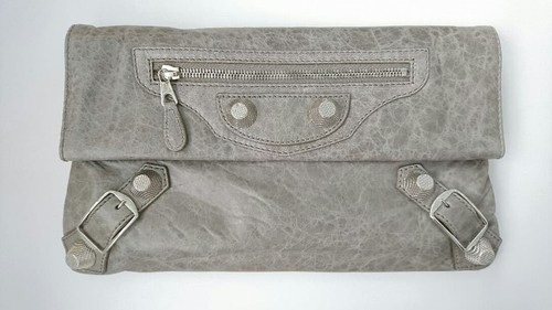 BALENCIAGA Light Gray × Silver Giant Studs Clutch Bag Leather Used
