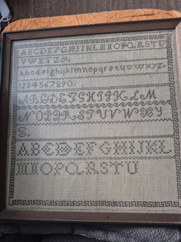 Framed Alphabet Embroidered Sampler Textile Beige Gray Fabric Cloth