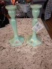 Vintage Fenton Satin Sea Mist Green Glass Candlesticks 8” Tall Nice Set of 2