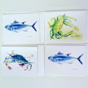 Crab And Fish Notecards Stationary Colorful Watercolor Prints Set Of 4 NWOT