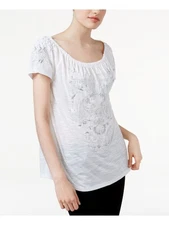 INC Womens Beaded Embroidered Sequined Short Sleeve Scoop Neck Top