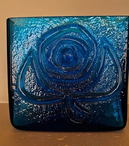 Vintage Blenko Glass  #6317 Turquoise Rose Vase 1963 Wayne Husted Design