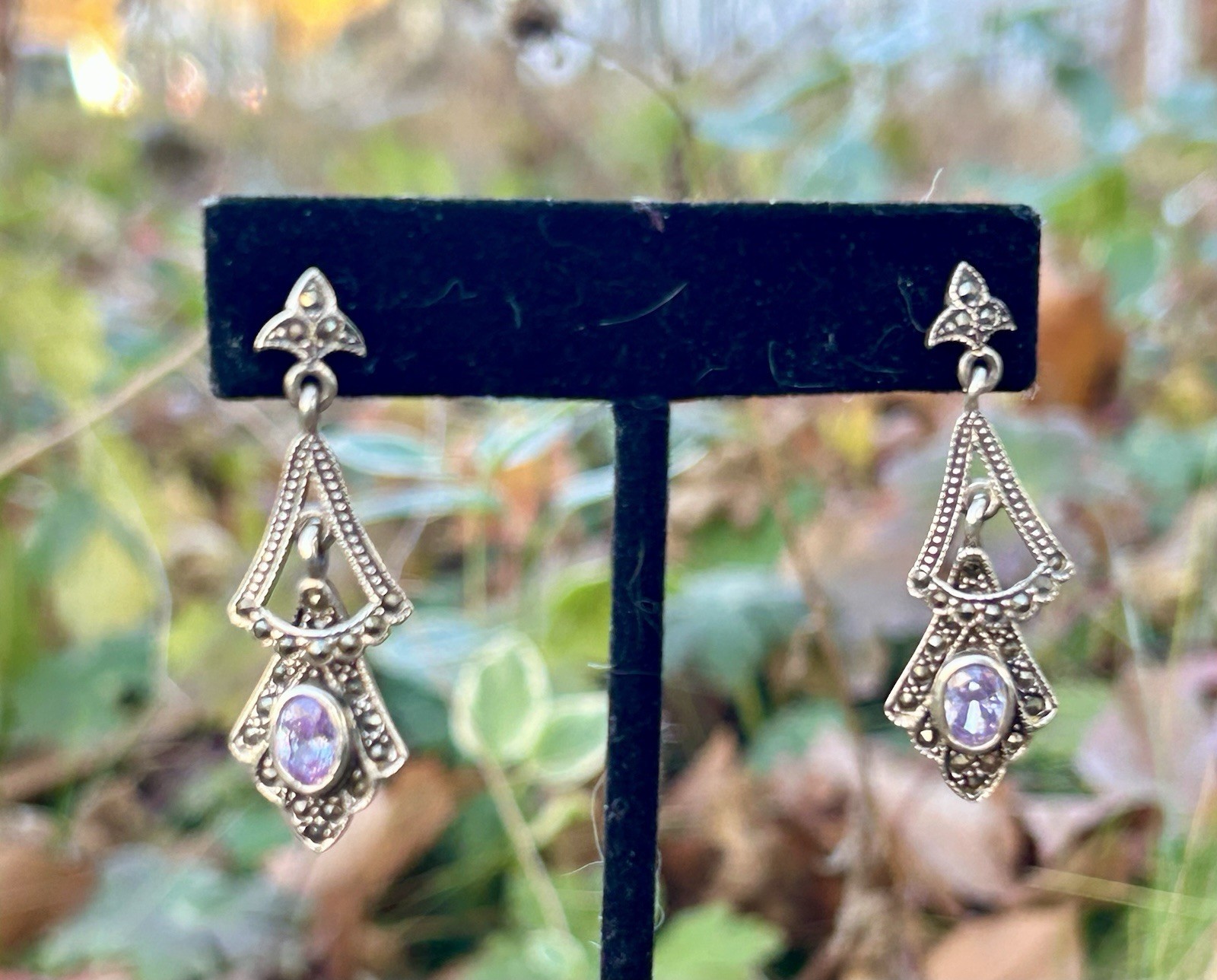 Sterling Silver Amethyst Marcasite Dangle Layered… - image 2