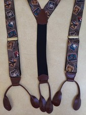 Vintage World Wildlife Fund Suspenders Animal Stamp Print Braces Leather 1991