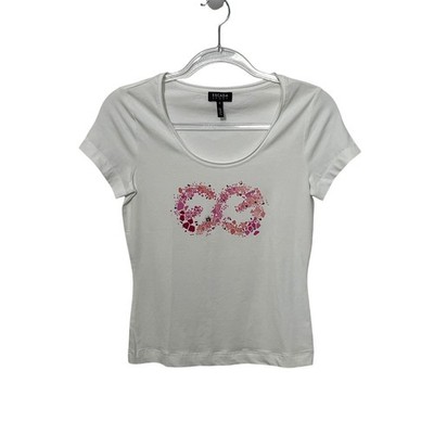 Escada Sport T-Shirt Womens Small White Pink Embellished Logo Scoop Neck Top