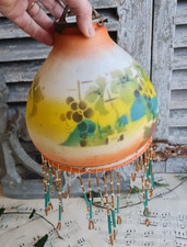ANCIENNE SUSPENSION LUSTRE OPALINE BLANCHE DECOR DE FRUITS