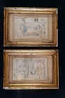 2 ANTIQUE DRAWINGS THE FOX AND THE STORK - THE FOUNTAIN - SIGNATURE - 19TH FRANCE
