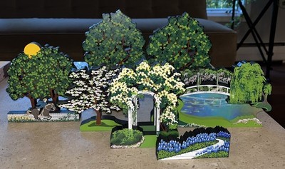 Lot (7) Shelia's Collectibles Wood Trees Bluebonnet, Paul Revere s Ride & More