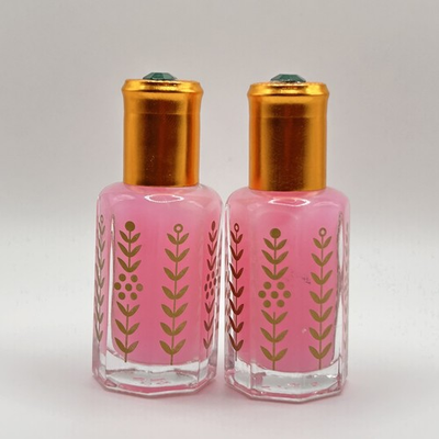 #ad Set of 2 Arabian Pink Musk Perfume Oil Attar Bottles Gold Printed Glass Vials $20.00