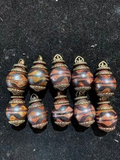 10Pcs Rare Tibetan Brass Inlay Old Agate Dzi *Tiger Teeth* Bead Pendants !!!!