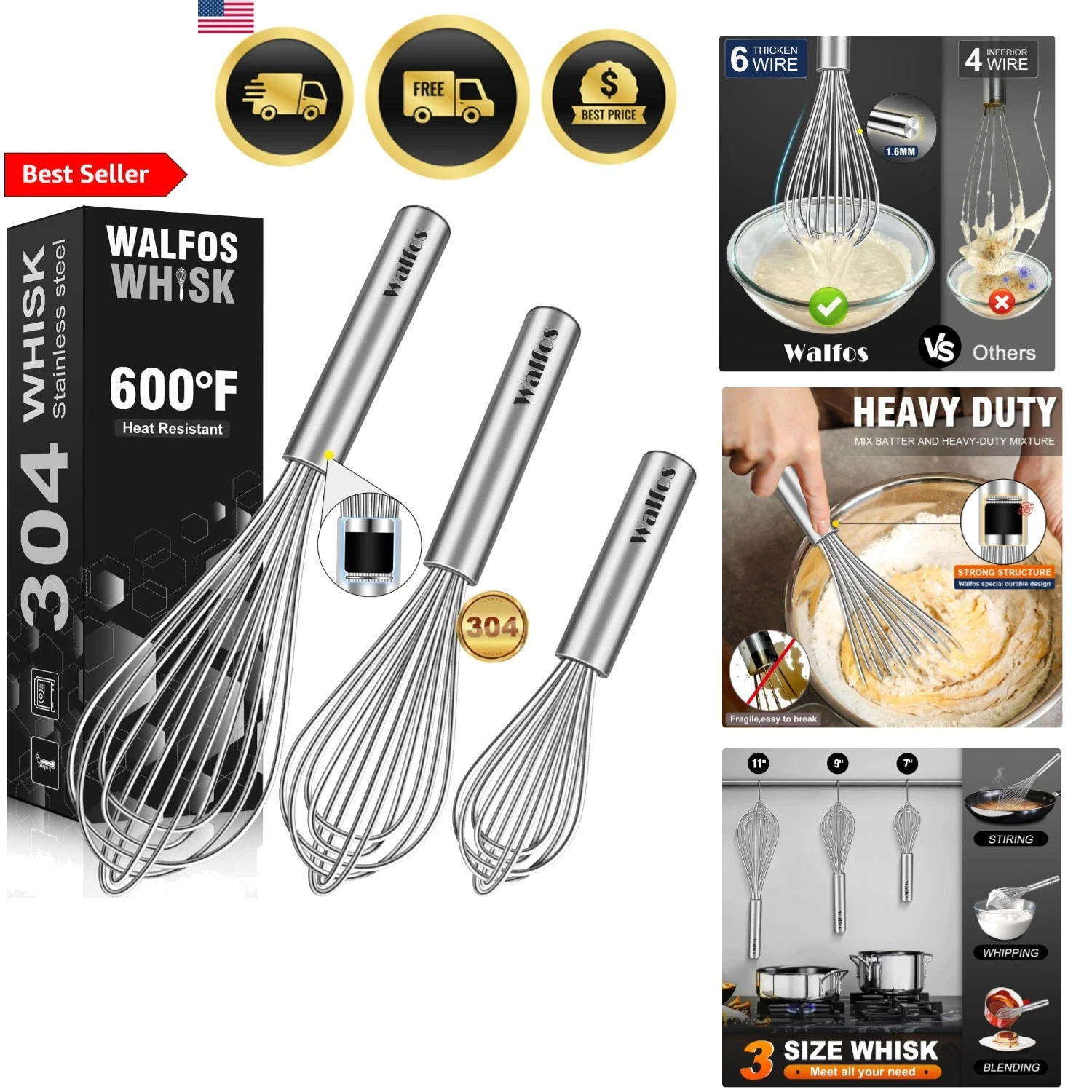 Stainless Steel Whisk Set 3 Sizes Heavy Duty Dishwasher Safe Cooking Baking
Opens in a new window or
