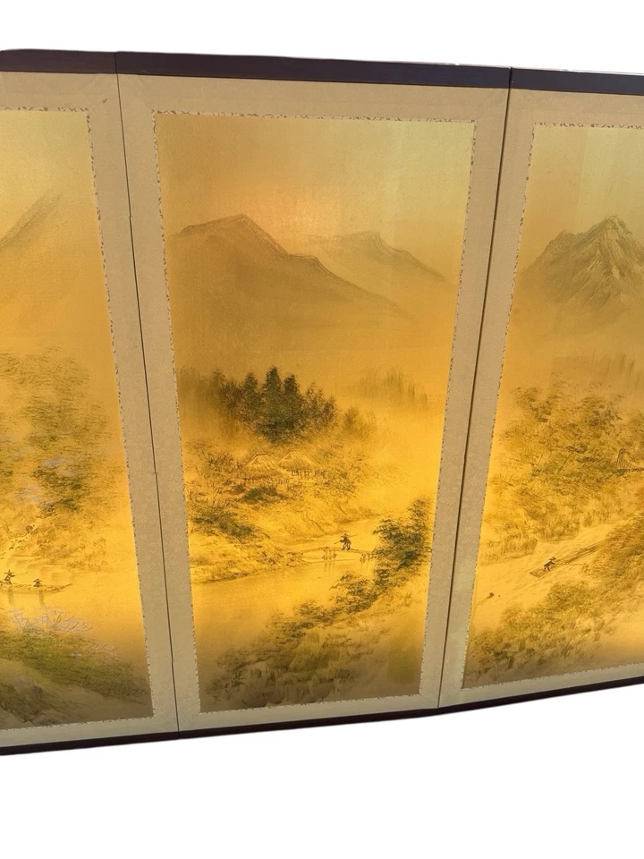 Pintura Pantalla Plegable Japonesa Byobu 4 Paneles Fondo Dorado Cuatro Estaciones Años 70’s Foto 3 de 4