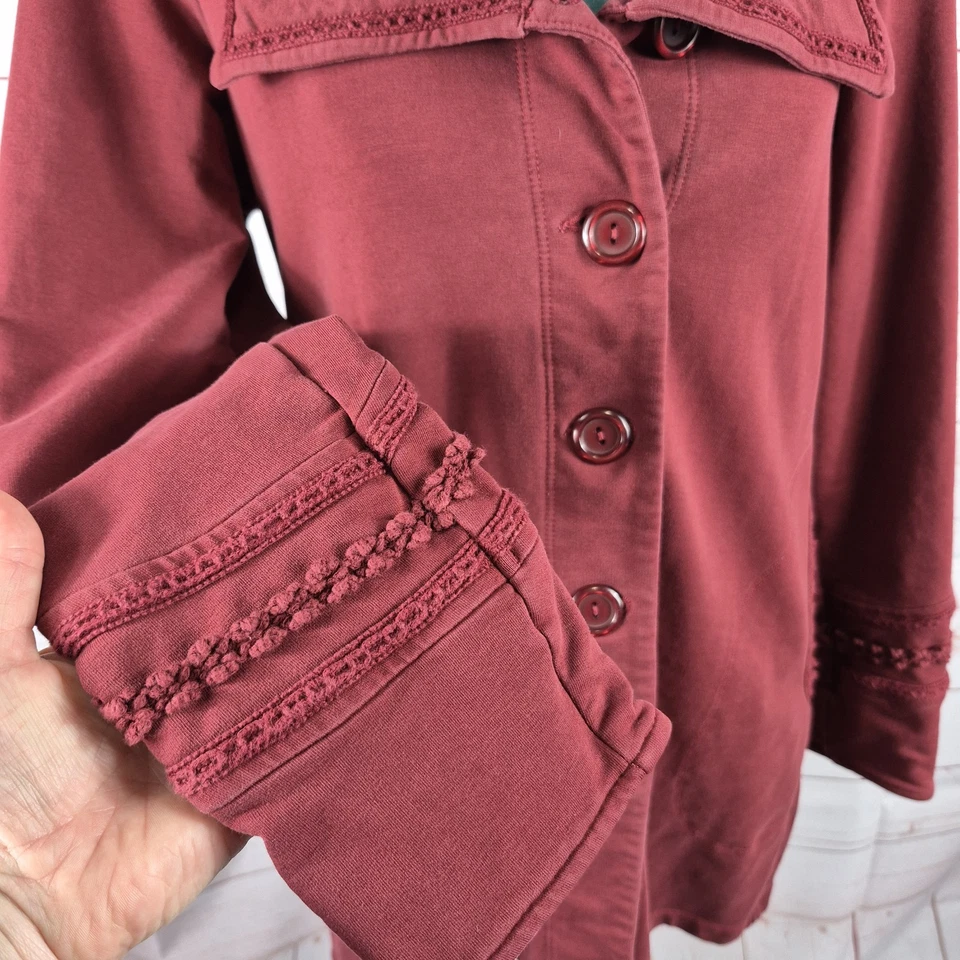 Chaqueta Abrigo Soft Surroundings Talla S Rachel Borgoña Rojo Crochet Plisado Guisante Foto 2 de 4